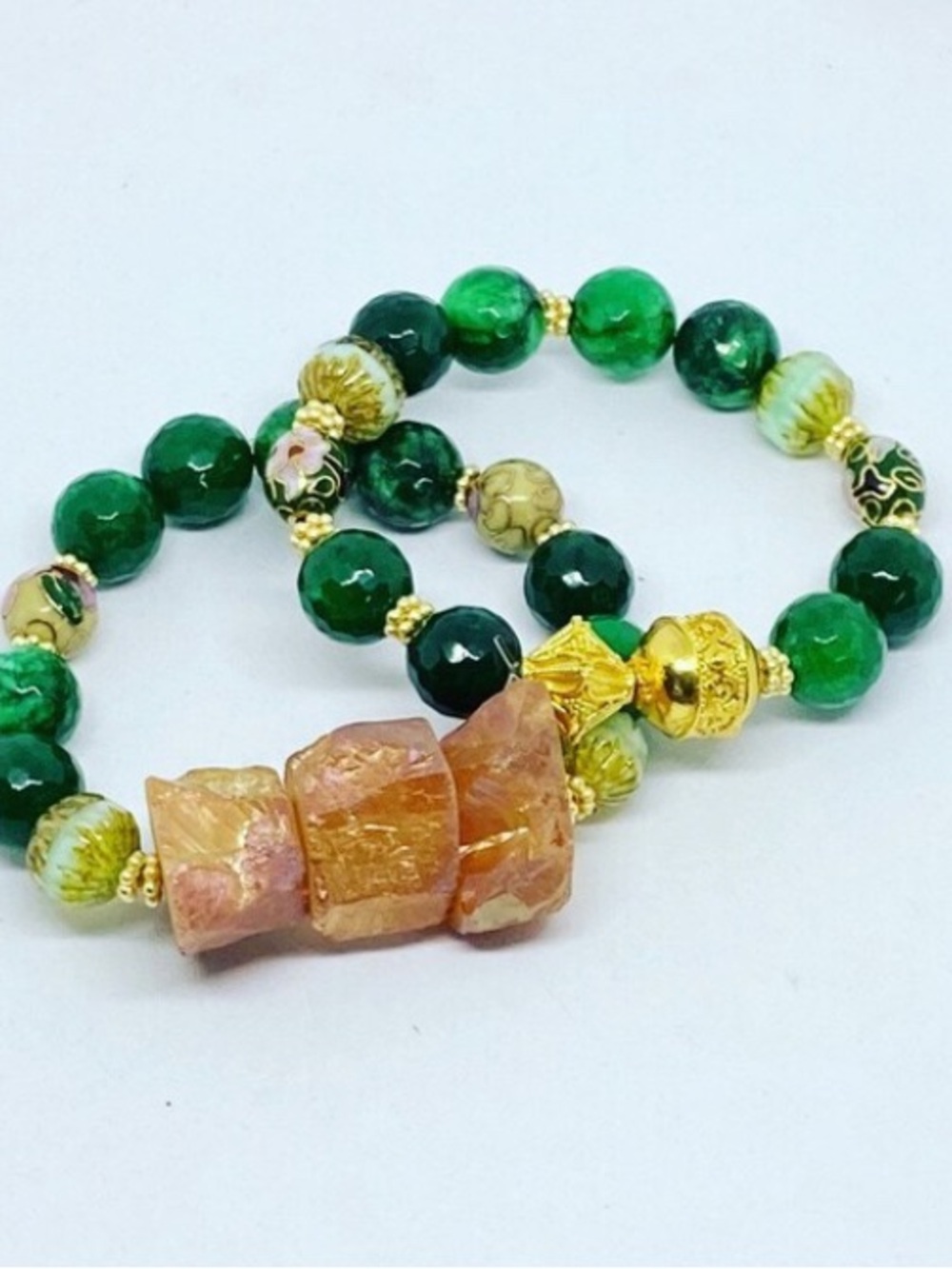 Green and Gold Beaded Stretch Bracelet with Peach Agate Accent